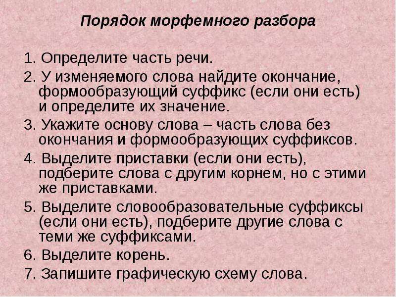 Определите разбор. Порядок морфемного разбора. Этапы морфемного разбора. Порядок морфемного анализа. Морфемный разбор порядок разбора.