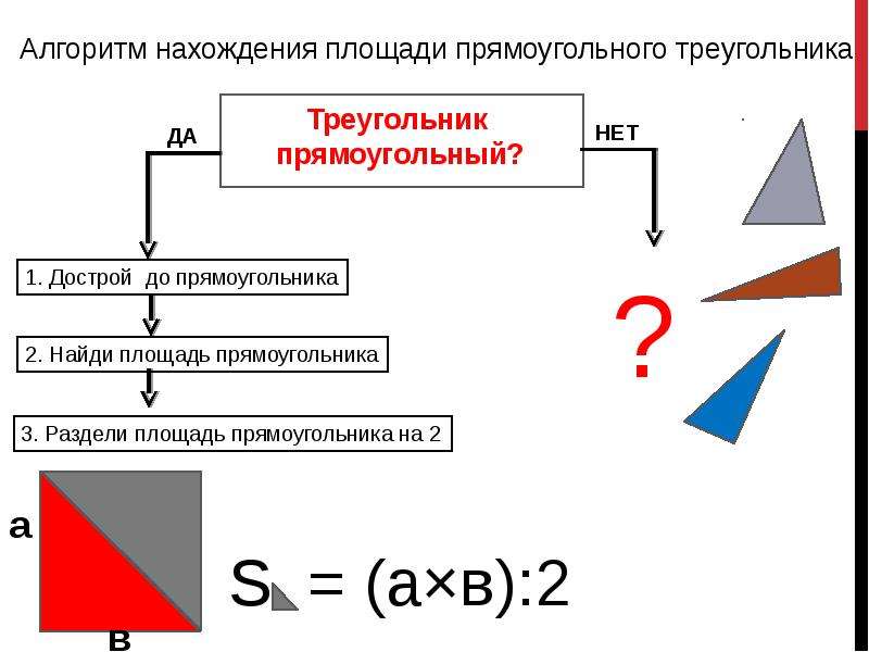 Площадь прямоугольного треугольника 32 3. Алгоритм вычисления площади прямоугольного треугольника. Блок схема нахождения площади прямоугольного треугольника. Алгоритм нахождения площади прямоугольного треугольника. Алгоритм нахождения площади треугольника.