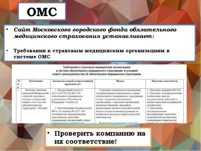 


ОМС
Сайт Московского городского фонда обязательного медицинского страхования устанавливает:

Требования к страховым медицинским организациям в системе ОМС
