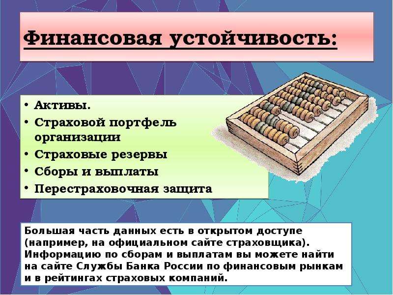 


Финансовая устойчивость:
Активы. 
Страховой портфель организации
Страховые резервы
Сборы и выплаты
Перестраховочная защита
