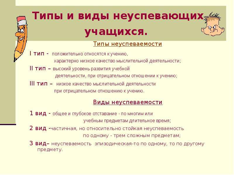 Типы учеников. Типология причин школьной неуспеваемости. Типы неуспевающих школьников. Типология неуспевающих учеников. Типы неуспеваемости.