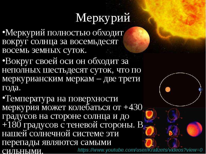 Меркурий Меркурий полностью обходит вокруг солнца за восемьдесят восемь земных суток. Вокруг своей о
