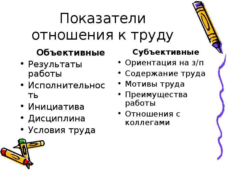 Объективный результат. Объективные и субъективные показатели отношения к труду.. Объективные показатели характеризующие отношение к труду. Отношение к труду. Человек в системе экономических отношений таблица.