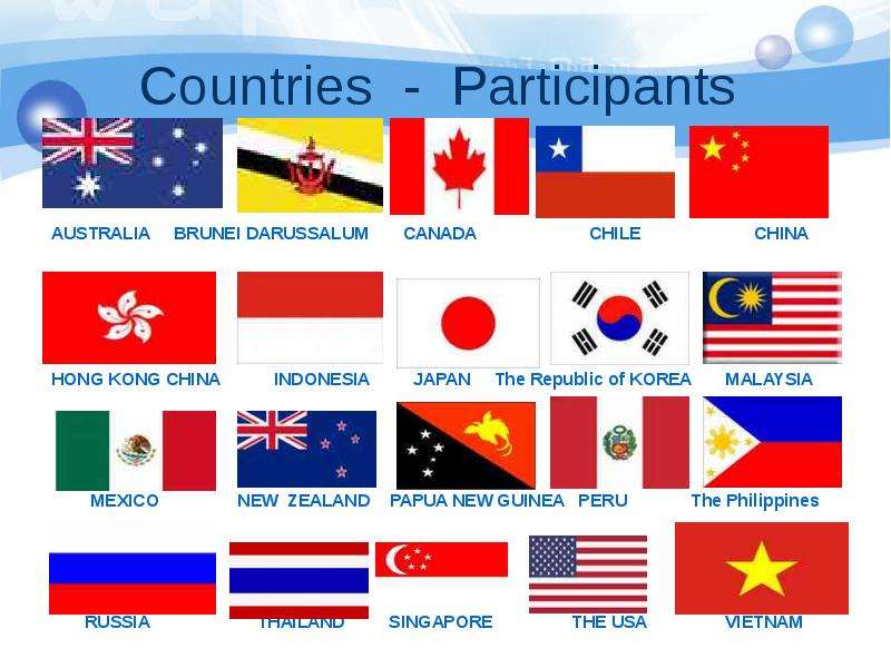 Countries - Participants AUSTRALIA BRUNEI DARUSSALUM CANADA CHILE CHINA HONG KONG CHINA INDONESIA JA