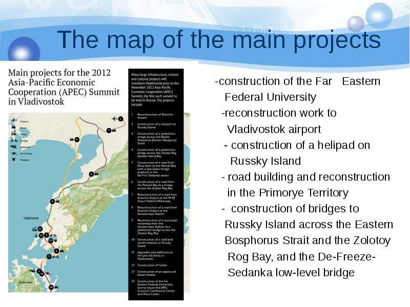 The map of the main projects -construction of the Far Eastern Federal University -reconstruction wor