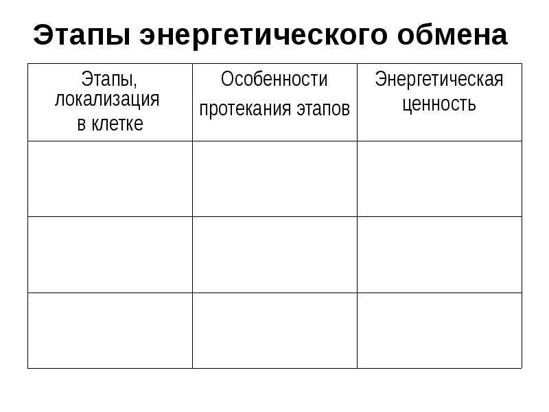 Этапы энергетического обмена протекает. Этапы энергетического обмена особенности протекания. Этапы локализации в клетке таблица. Этапы энергетического обмена в клетке. Этапы локализации в клетке особенности энергетическая ценность.