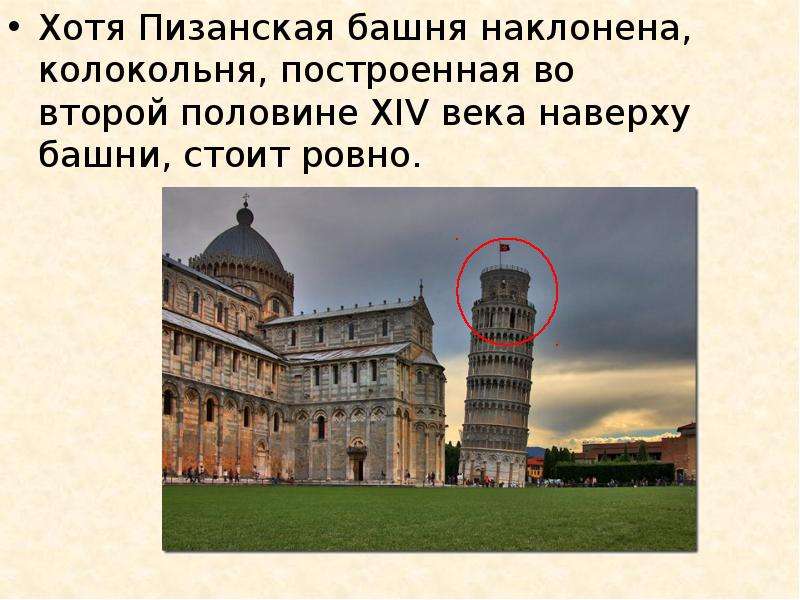 Хотя Пизанская башня наклонена, колокольня, построенная во второй половине XIV века наверху башни, с