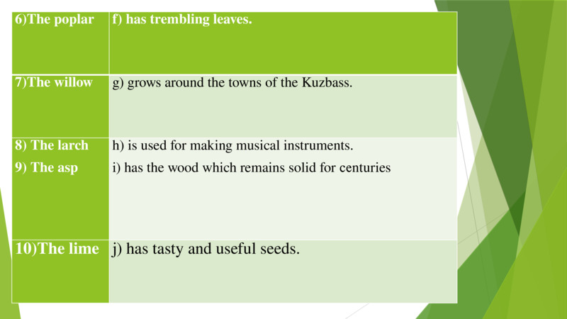               6)The poplar                  f) has trembling leaves.                          7)The willow                  g) grows around the towns of the Kuzbass.                          8) The larch   9) The asp                 h) is used for making musical instruments.   i) has the wood which remains solid for сеnturies                         10)The lime                 j) has tasty and useful seeds.                 