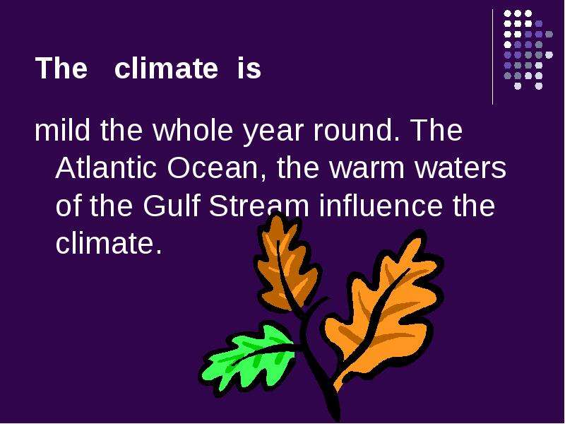 The climate is mild the whole year round. The Atlantic Ocean, the warm waters of the Gulf Stream inf