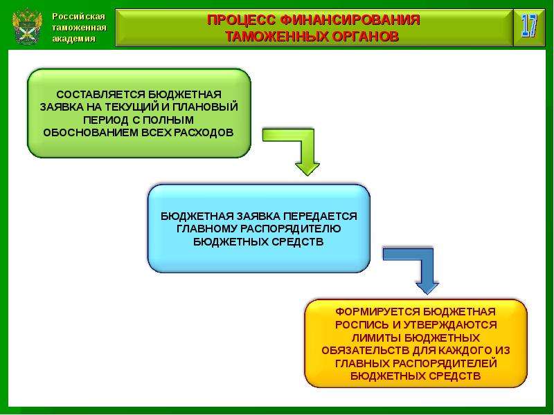 Процесс 17. Финансовые ресурсы таможенных органов. Финансовое обеспечение таможенных органов. Финансовая деятельность таможенных органов. Бюджетное финансирование таможенных органов.