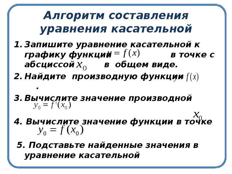 Уравнение касательной с абсциссой x0. Алгоритм нахождения касательной к функции. Уравнение касательной к графику функции алгоритм. Уравнение касательной алгоритм. Алгоритм нахождения уравнения касательной к графику функции.