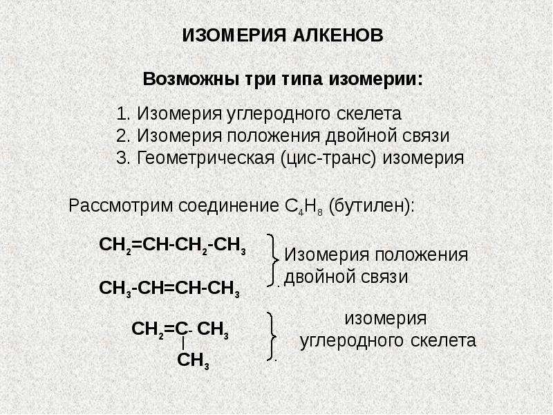 Положение двойной связи. Виды изомерии алкенов. Типы изомерии алкенов. Изомерия углеродного скелета алкенов. Алкены типы изомерии.