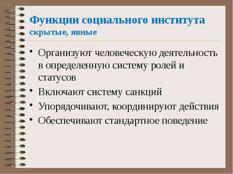 Под социальным институтом. Функции социальных институтов. Скрытые функции социальных институтов. Общественные функции. Статус и социальные функции-роли.