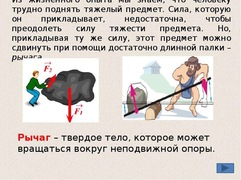 Сила маленьких действий. Сила тяжести рычага. Рычаг для поднятия тяжестей. Поднимать тяжелые предметы. Преодоление силы тяжести.