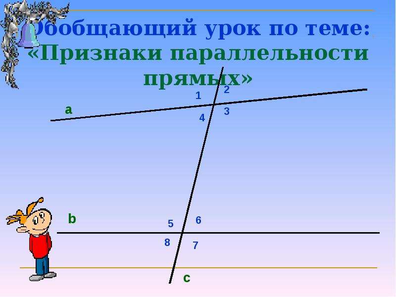 Тема параллельность прямых. 1 Признак параллельности прямых. 3 Признака параллельности прямых. Знак не параллельности прямых. 5 Признаков параллельности прямых.