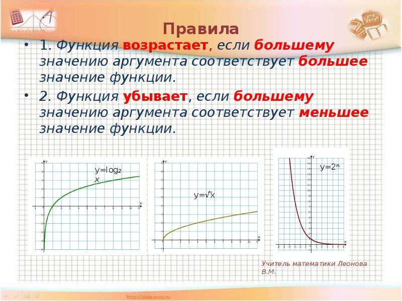 Каково значение функции. Возрастающая функция. Функция возрастает если большему значению аргумента соответствует. Большему значению аргумента соответствует меньшее значение функции. Большему значению аргумента соответствует большее значение функции.