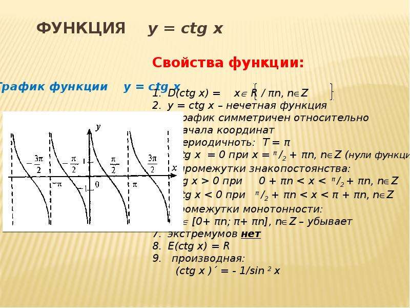 Ctg x. Тригонометрическими функциями y=CTG X. Тригонометрические функции y ctgx. Свойства тригонометрических функций y ctgx. Свойства и графики тригонометрических функций y ctgx.