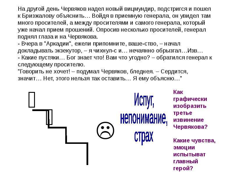 За что червяков извиняется перед бризжаловым. Реакция Генерала на извинения Червякова. Схема предложения извиниться надо подумал червяков. Слова и фразы реакция Генерала на извинения Червякова. Первое и второе извинение Червякова.