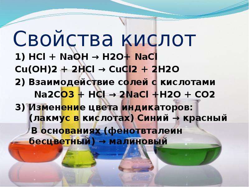 Свойства кислот 1) HCl + NaOH → H2O+ NaCl Cu(OH)2 + 2HCl → CuCl2 + 2H2O 2) Взаимодействие солей с ки