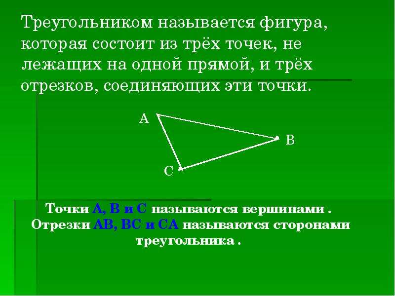 Начертите треугольник и покажите его стороны вершины. Что называется треугольником. Треугольником называется фигура состоящая из трех точек. Отрезки из которых состоит треугольник. Название отрезков из которых состоит треугольник.