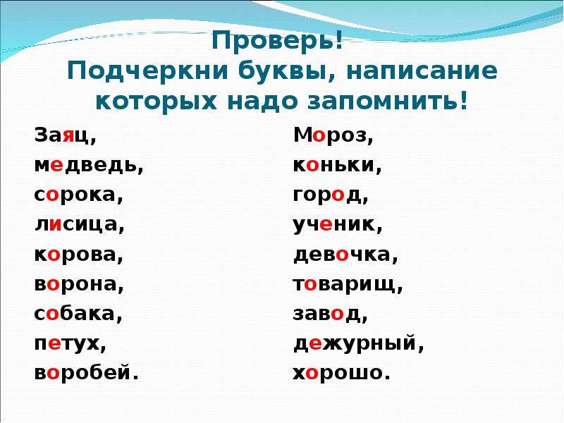 Подчеркни буквы безударных гласных. Буквы написание которых надо запомнить. Слова которые надо запомнить.