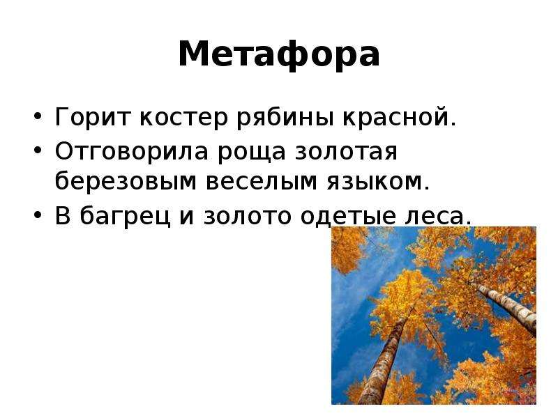 Эпитет золотой. Метафоры про осень. Метафоры в стихотворении Отговорила роща Золотая. Отговорила роща Золотая Есенин метафоры. Костёр рябины красной метафора.