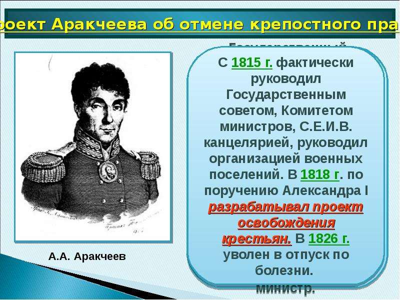 Право при александре 1. Проект Аракчеева при Александре 1. Аракчеевщина при Александре 1. Проект Аракчеева об отмене крепостного.