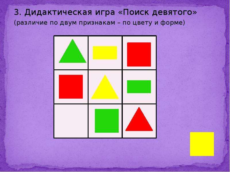 Признаки цветной. Игра "цвет, форма, размер". Дидактическая игра с геометрическими фигурами и цветами. Различие фигур по форме и цвету. Найди девятый для дошкольников.