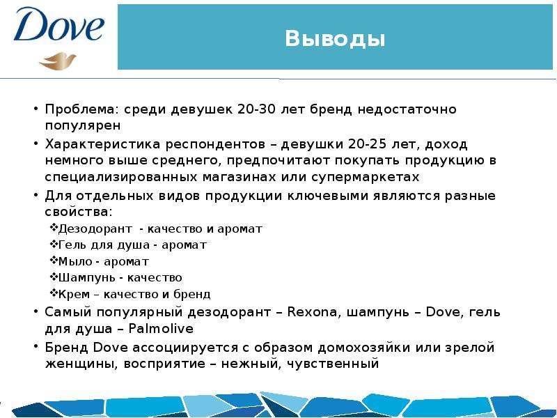 Характеристика респондента. Зрелость бренда dove.