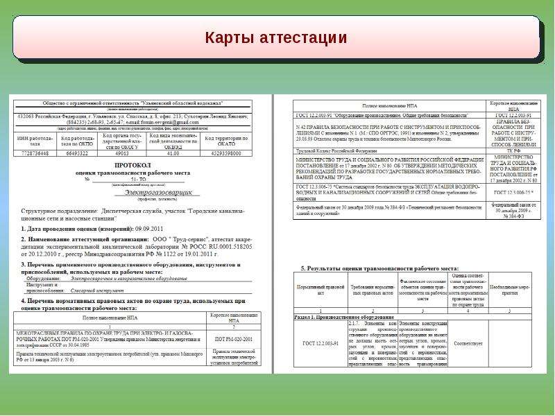 Карта аттестации рабочего места по условиям труда образец