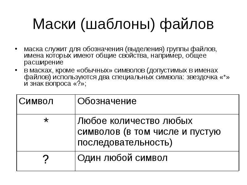 Маски файлов информатика. Шаблон имени файла. Шаблоны (маски) в имени файла. Маска для поиска файлов. Маски имен файлов Информатика.