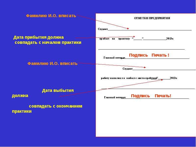 Впишите фамилию. Дата прибытия. Отметка о прибытии практика. Отметки о практике. Как заполнять Автор работы презентация.