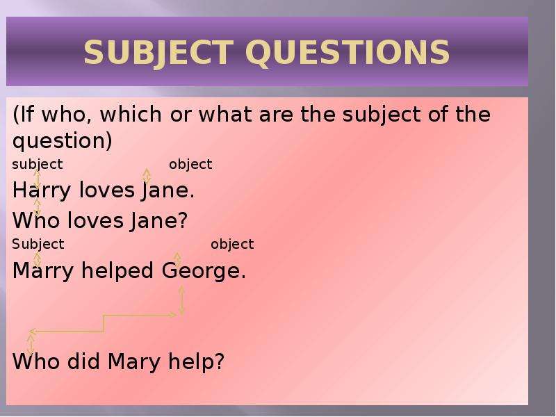 Up the subject. Subject вопрос. Subject questions в английском языке. Вопросы subject questions. Question to the subject примеры.