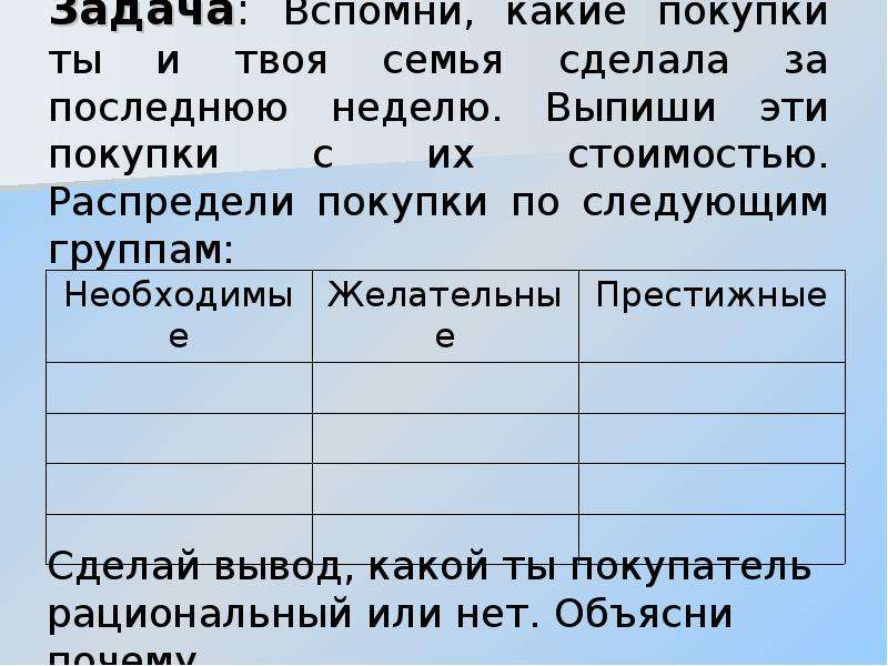 Вспомнить задание. Вспомните покупку вами или вашей семьи. Вспомни покупку тобой или членами твоей семьи любых трех товаров. Вспомните покупку тобой или членами твоей семьи. Вспомни какие покупки ты и твоя семья сделала за последнюю неделю.