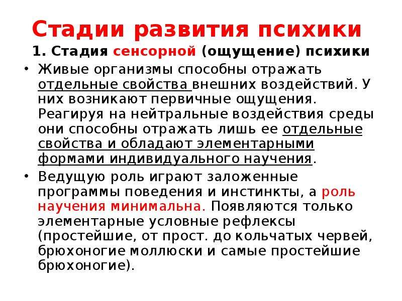 Стадии развития психики. Стадия элементарной сенсорной психики. Первая стадия развития психики. Этапы развития психики стадия элементарной сенсорной психики. Первой стадией развития психики является….