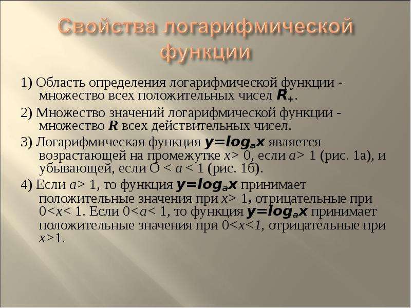 Производные показательной и логарифмической функции. Множество значений логарифмической функции. Множество значений логарифмической функции на множестве. Область значений логарифмической функции - множество всех ..... .. Множество всех положительных значений показательной функции.