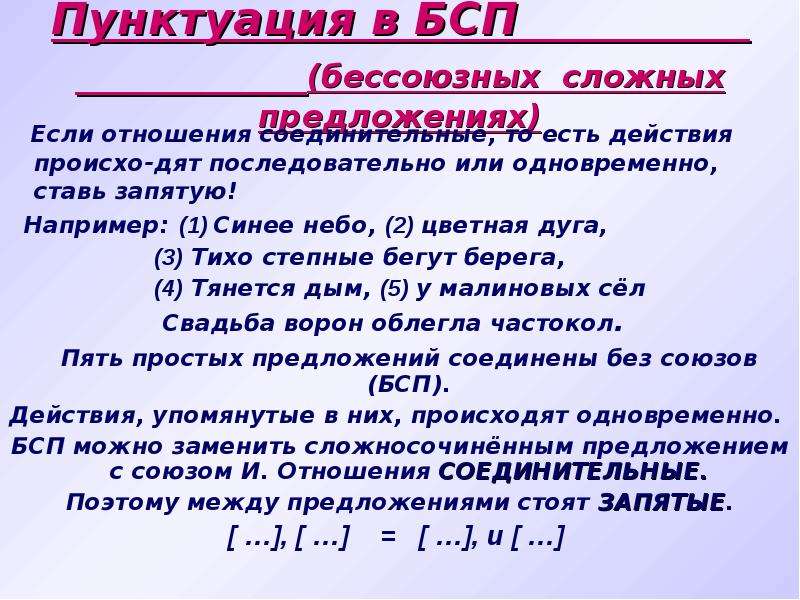 Знаки препинания в бессоюзном сложном предложении схема