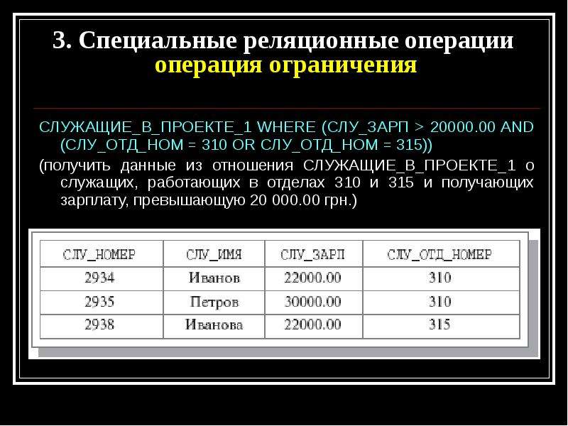 Операция ограничения. Реляционная операция ограничения. Операция ограничения отношений. Операция ограничения таблиц. Зарп зарп.