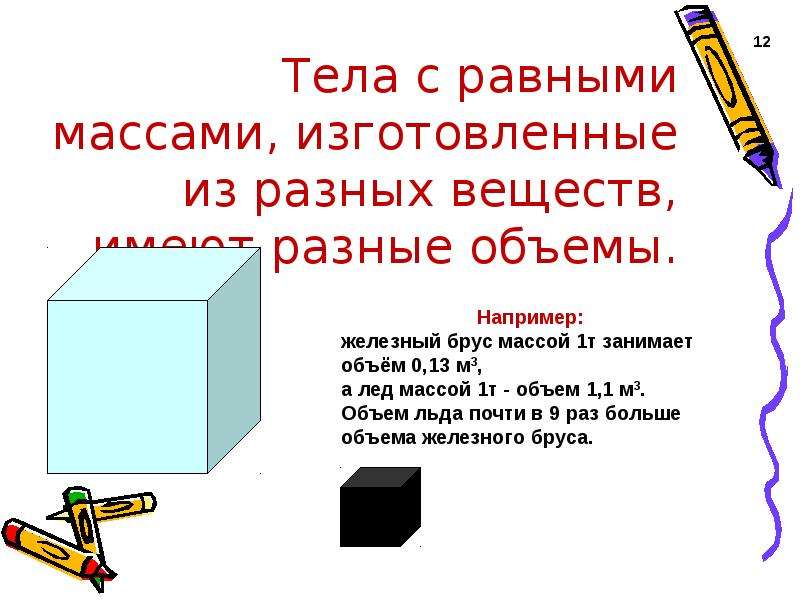 Плотность вещества 7 класс. Равные тела имеют объемы. Равные тела имеют разные объемы. Тела с равными массами изготовленные из разных веществ. Тела равной массы разного объема.