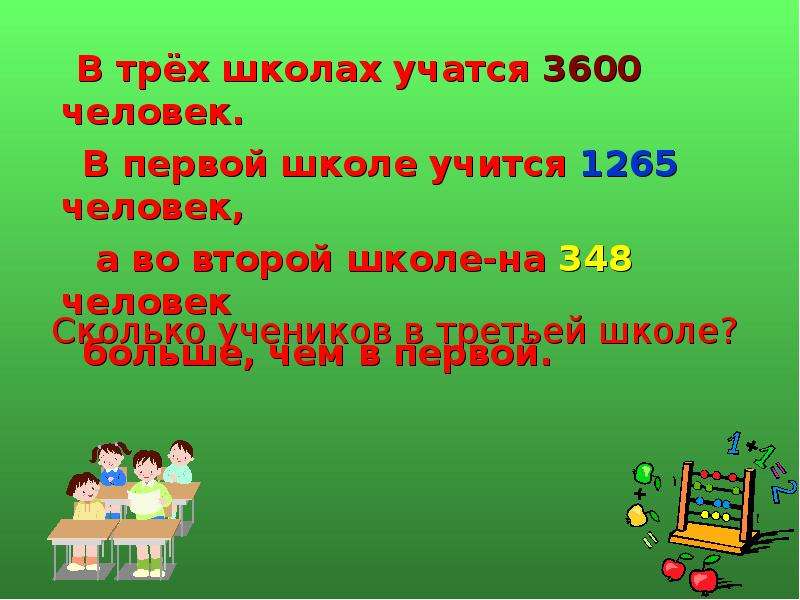 Трое в школе. В 3 школах 1945 учеников. В трех школах 1945 учеников в первой и второй школах вместе. В трех школах 1945 учеников в первой и второй школах вместе 1225 учеников. В трёх школах учится 3600 человек.