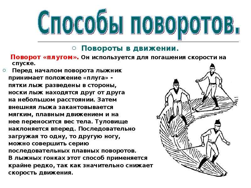 Движение плугом. Поворот плугом на лыжах. Повороты переступанием в движении. Повороты на лыжах. Повороты в движении переступанием упором плугом.