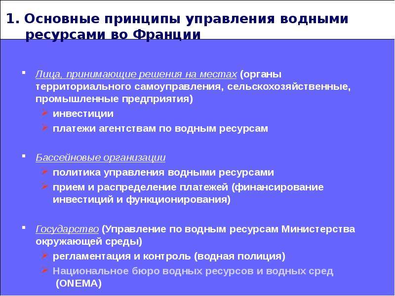 Принципы франции. Принципы управления водными ресурсами. Управление водными ресурсами презентация. Три основных уровня управления водными ресурсами. Методы управления водными ресурсами.