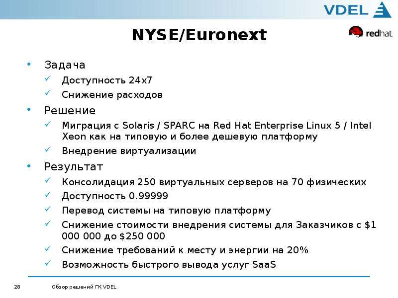 NYSE/Euronext Задача Доступность 24х7 Снижение расходов Решение Миграция с Solaris / SPARC на Red Ha