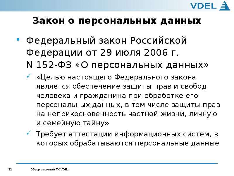 Закон о персональных данных Федеральный закон Российской Федерации от 29 июля 2006 г. N 152-ФЗ «О пе
