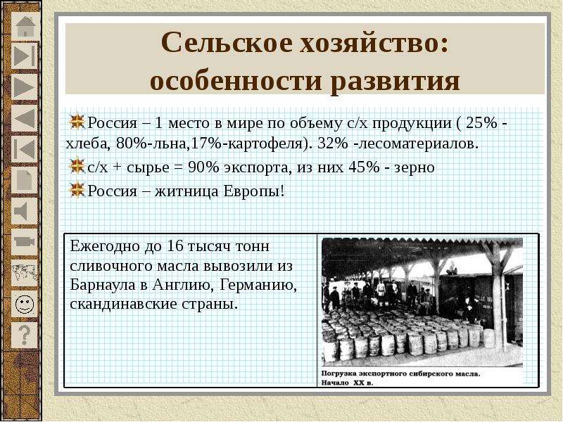 Сельское хозяйство: особенности развития Россия – 1 место в мире по объему с/х продукции ( 25% - хле