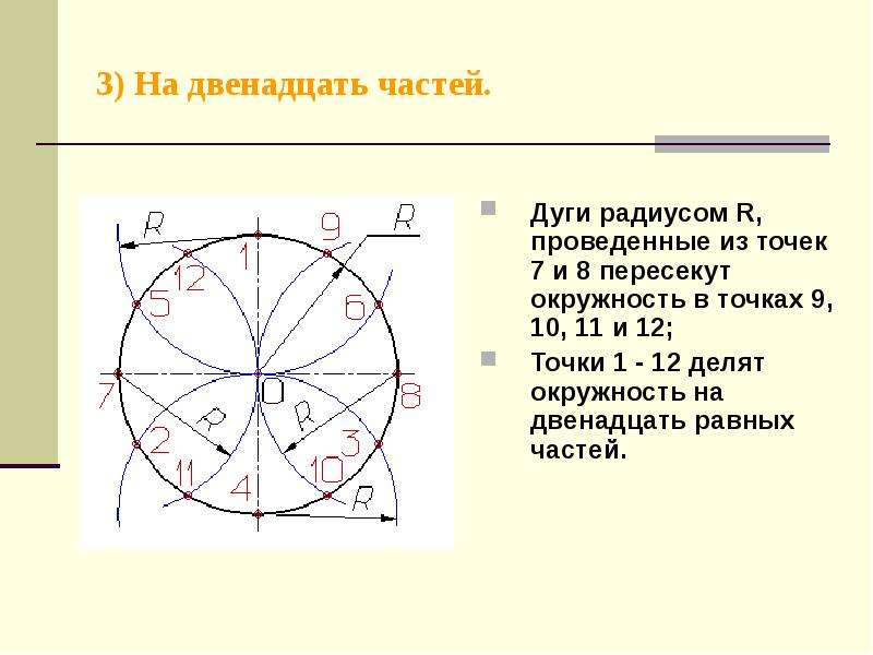 Окружности радиусов 3 и 7. Деление окружности на 12 частей циркулем. Деление окружности на 11 равных частей. Деление окружности на дуги. Деление окружности на 12 частей с помощью циркуля.