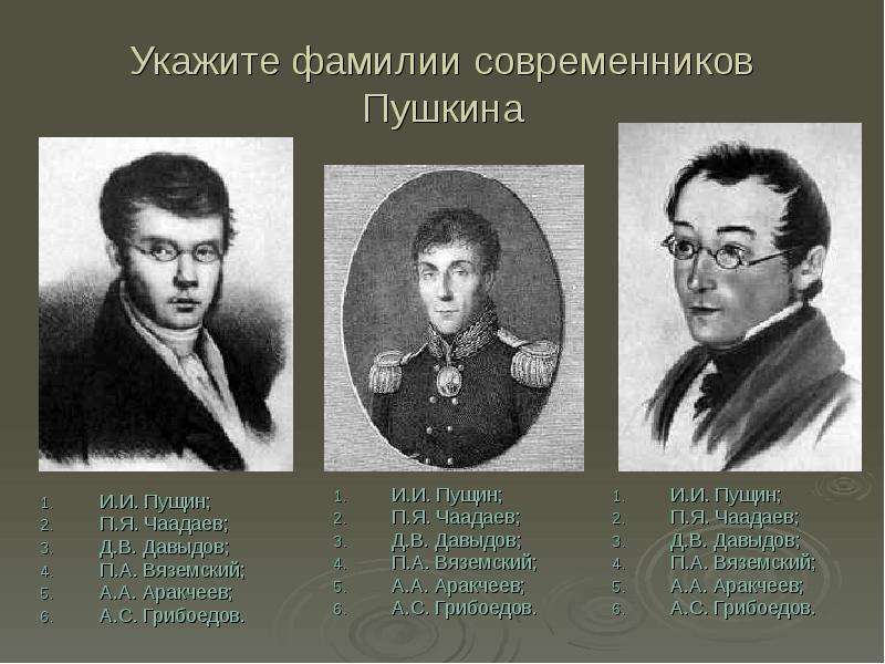 Укажите фамилию. Пушкин Вяземский Грибоедов Давыдов. Современники Пушкина. Писатели современники Пушкина. Поэты современники Пушкина.