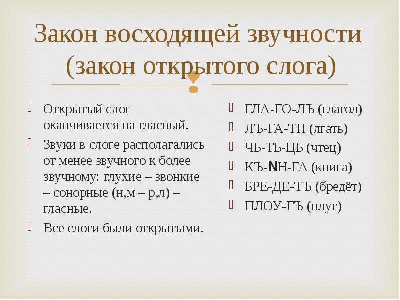 Сонорная теория. Закон открытого слога. Закон восходящей звучности слога. Закон открытого слога в старославянском. Закон восходящей звучности в древнерусском языке.