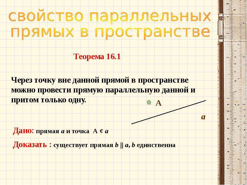 Прям давай. Через точку можно провести только одну прямую параллельную данной. Через данную точку можно провести одну прямую параллельную данной. Через одну прямую в пространстве можно провести. Через точку вне данной прямой.