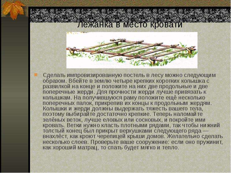 Плотный ряд. Сообщение на тему временное укрытие. Постройка временных укрытий ОБЖ. Устройство временных укрытий выбор места. Как сделать лежанку в лесу.